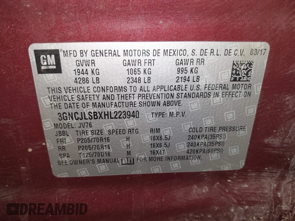 2017 Chevrolet Trax LT with VIN 3GNCJLSBXHL223940, listed as a IAAI auction lot 41998080 with 121,448 mi miles and . Bid and sale history available at carsss.com. Image 9.
