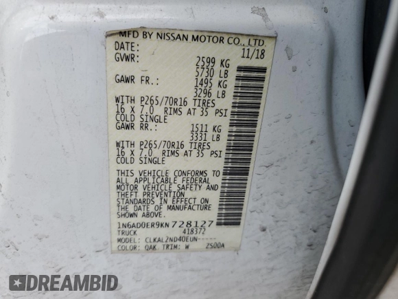 2019 Nissan Frontier SV with VIN 1N6AD0ER9KN728127, listed as a Copart auction lot 48811365 with 94,106 mi miles and Salvage title. Bid and sale history available at DreamBid. Image 12.
