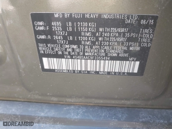 2015 Subaru Outback 2.5i with VIN 4S4BSAAC9F3355494, listed as a IAAI auction lot 41761715 with 153,861 mi miles. Bid and sale history available at carsss.com. Image 9.