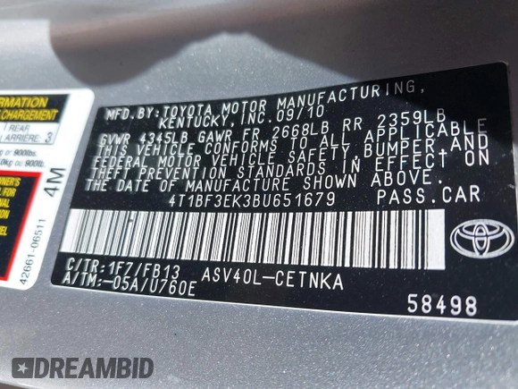 2011 Toyota Camry LE with VIN 4T1BF3EK3BU651679, listed as a IAAI auction lot 41947891 with 159,489 mi miles. Bid and sale history available at carsss.com. Image 9.