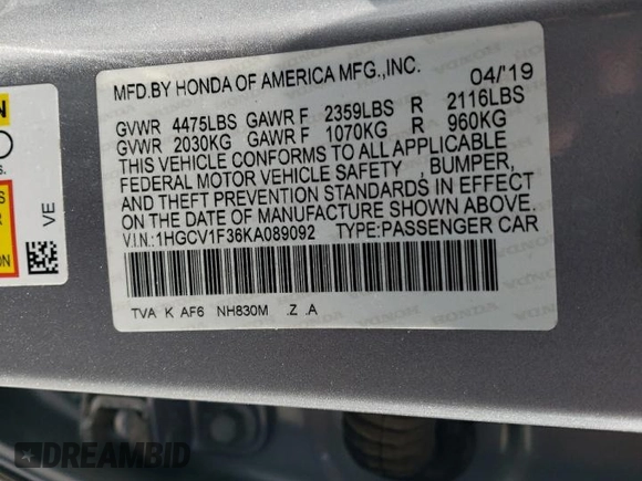 2019 Honda Accord Sedan Sport 1.5T with VIN 1HGCV1F36KA089092, listed as a Copart auction lot 50392975 with 107,191 mi miles and Salvage Title. Bid and sale history available at carsss.com. Image 14.