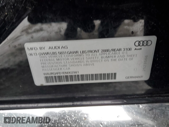 2014 Audi A8 L 3.0T with VIN WAURGAFD1EN002981, listed as a Copart auction lot 87282884 with 106,763 mi miles and Salvage Title. Bid and sale history available at carsss.com. Image 12.