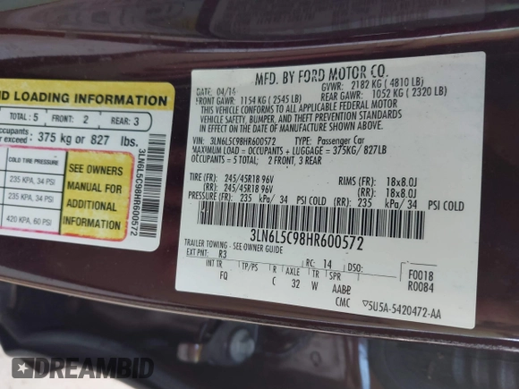 2017 Lincoln MKZ Select with VIN 3LN6L5C98HR600572, listed as a IAAI auction lot 39682039 with 89,283 mi miles. Bid and sale history available at carsss.com. Image 9.