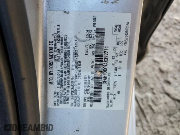 2010 Ford Fusion SPORT with VIN 3FAHP0KC9AR399214, listed as a Copart auction lot 48219165 with 202,015 mi miles and Salvage Title. Bid and sale history available at carsss.com. Image 12.