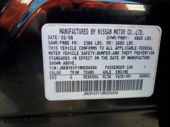2008 Infiniti G35 x with VIN JNKBV61F18M266694, listed as a Copart auction lot 74991494 with 121,211 mi miles and Non Repairable. Bid and sale history available at DreamBid. Image 13.