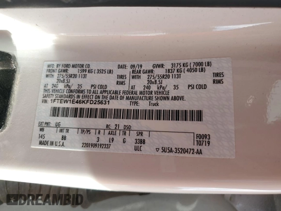 2019 Ford F-150 XL with VIN 1FTEW1E46KFD25631, listed as a Copart auction lot 43272255 with 146,160 mi miles and Salvage Title. Bid and sale history available at DreamBid. Image 14.