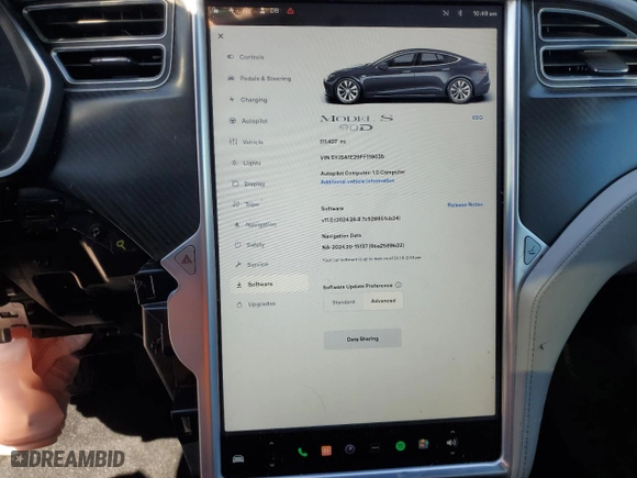 2015 Tesla Model S 85D with VIN 5YJSA1E29FF119035, listed as a Copart auction lot 49609805 with 111,407 mi miles and Salvage Title. Bid and sale history available at carsss.com. Image 9.