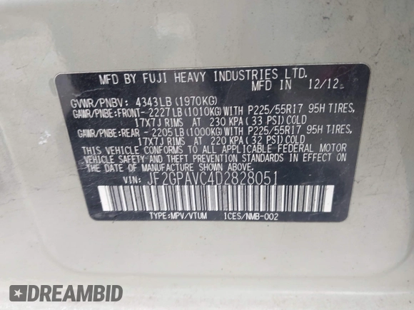 2013 Subaru Crosstrek Premium with VIN JF2GPAVC4D2828051, listed as a IAAI auction lot 41236706 with 146,739 mi miles and . Bid and sale history available at DreamBid. Image 9.