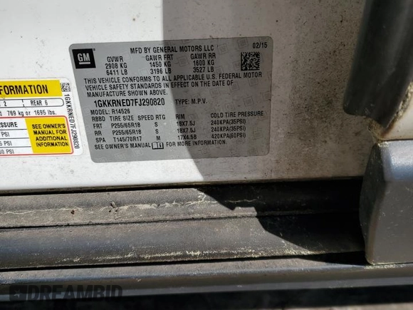 2015 GMC Acadia SLE with VIN 1GKKRNED7FJ290820, listed as a Copart auction lot 48412445 with Not Provided miles and Salvage Title. Bid and sale history available at DreamBid. Image 13.