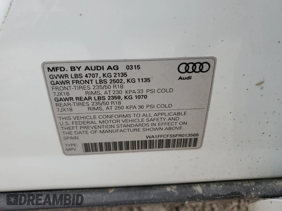 2015 Audi Q3 Prestige with VIN WA1FFCFS5FR013568, listed as a Copart auction lot 75421484 with Not provided miles and Salvage title. Bid and sale history available at DreamBid. Image 13.