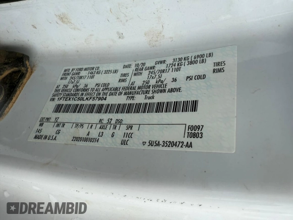 2020 Ford F-150 XL with VIN 1FTEX1C50LKF57904, listed as a Copart auction lot 63853915 with 151,222 mi miles and Clean title. Bid and sale history available at DreamBid. Image 10.