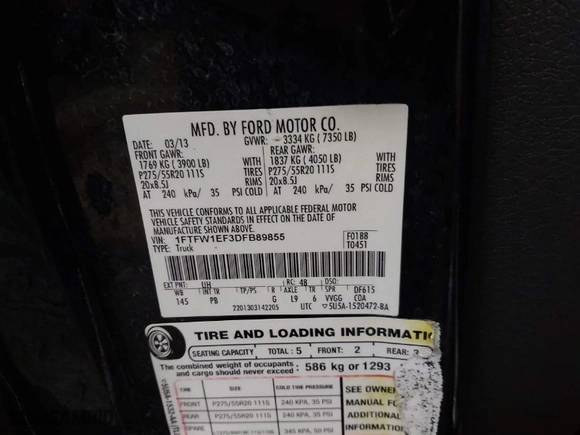2013 Ford F-150 XL with VIN 1FTFW1EF3DFB89855, listed as a IAAI auction lot 41296360 with 163,135 mi miles. Bid and sale history available at carsss.com. Image 9.