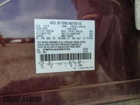 2019 Ford Edge SEL with VIN 2FMPK4J9XKBB78766, listed as a Copart auction lot 53494335 with 174,171 mi miles and Salvage Title. Bid and sale history available at carsss.com. Image 13.