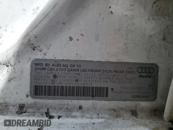 2010 Audi A4 Premium Plus с VIN WAUEFAFL9AN062865, выставлен на аукционе Copart как лот 51503465 с пробегом 77 075 миль миль и Списание • Salvage title. История ставок и продаж доступна на DreamBid. Изображение 14.