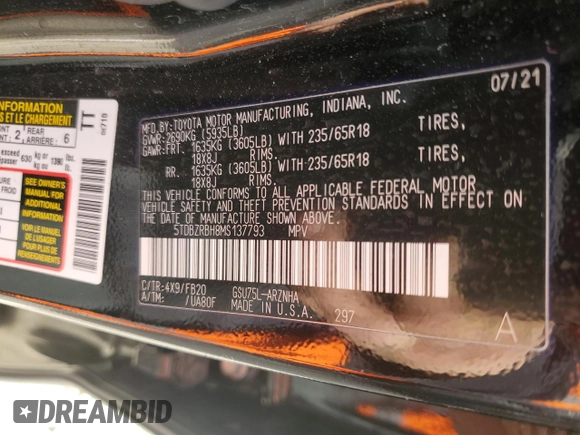 2021 Toyota Highlander L z VIN 5TDBZRBH8MS137793, wystawiony jako Copart lot #48975855 z przebiegiem 68 489 mil mil oraz Szkoda całkowita • Salvage title. Historia ofert i sprzedaży dostępna na DreamBid. Obrazek 14.