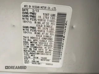 2013 Nissan Murano SV with VIN JN8AZ1MW1DW315816, listed as a IAAI auction lot 42099720 with 94,701 mi miles and . Bid and sale history available at DreamBid. Image 9.