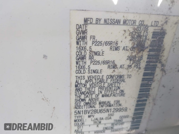 2005 Nissan Quest SE with VIN 5N1BV28U65N129959, listed as a IAAI auction lot 41696308 with 157,564 mi miles. Bid and sale history available at carsss.com. Image 9.