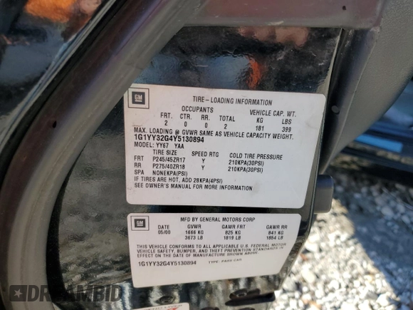 2000 Chevrolet Corvette with VIN 1G1YY32G4Y5130894, listed as a Copart auction lot 86603004 with 190,032 mi miles and Salvage Title. Bid and sale history available at carsss.com. Image 12.