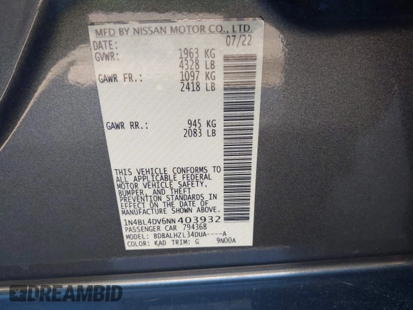 2022 Nissan Altima SV z VIN 1N4BL4DV6NN403932, wystawiony jako IAAI lot #41940084 z przebiegiem 6 292 mil mil oraz . Historia ofert i sprzedaży dostępna na DreamBid. Obrazek 9.
