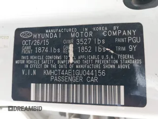 2016 Hyundai Accent SE with VIN KMHCT4AE1GU044156, listed as a IAAI auction lot 42350598 with 130,287 mi miles and . Bid and sale history available at DreamBid. Image 9.