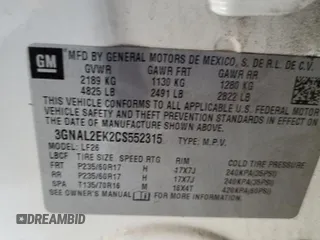 2012 Chevrolet Captiva Sport LS with VIN 3GNAL2EK2CS552315, listed as a Copart auction lot 46130345 with 100,324 mi miles and Salvage Title. Bid and sale history available at DreamBid. Image 13.