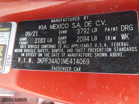 2021 Kia Forte GT-Line with VIN 3KPF34AD1ME414069, listed as a IAAI auction lot 41697652 with 77,158 mi miles. Bid and sale history available at carsss.com. Image 9.