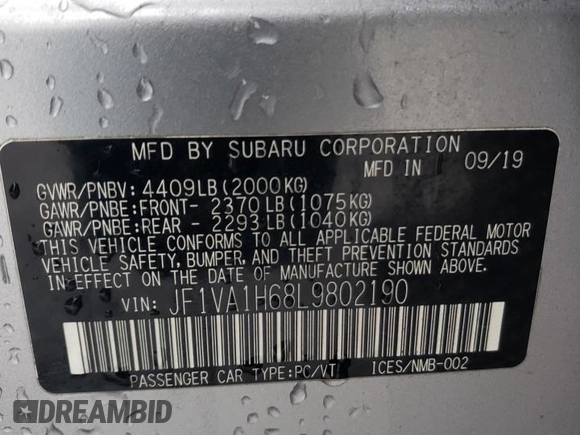 2020 Subaru WRX Limited with VIN JF1VA1H68L9802190, listed as a Copart auction lot 43830605 with 65,688 mi miles and Salvage Title. Bid and sale history available at carsss.com. Image 12.