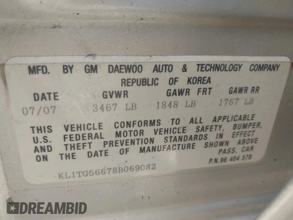 2008 Chevrolet Aveo LT with VIN KL1TG56678B069082, listed as a IAAI auction lot 42314421 with 164,296 mi miles and . Bid and sale history available at DreamBid. Image 9.
