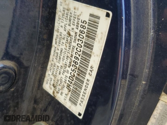 2002 Acura RSX Manual with VIN JH4DC53892C030685, listed as a Copart auction lot 54109295 with 288,737 mi miles and Salvage Title. Bid and sale history available at carsss.com. Image 13.