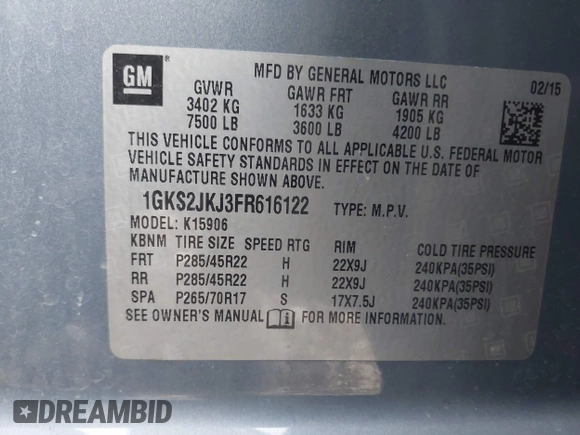 2015 GMC Yukon XL Denali with VIN 1GKS2JKJ3FR616122, listed as a IAAI auction lot 41415642 with Not Provided miles and . Bid and sale history available at DreamBid. Image 9.
