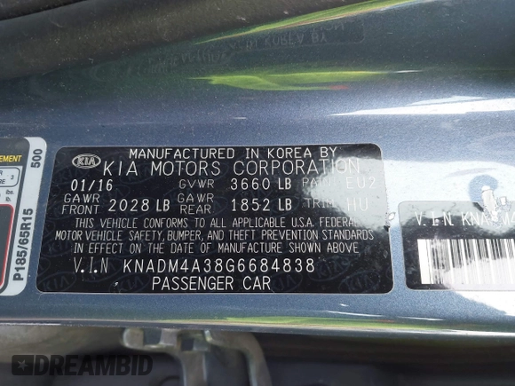 2016 Kia Rio LX with VIN KNADM4A38G6684838, listed as a IAAI auction lot 41283300 with 64,530 mi miles. Bid and sale history available at carsss.com. Image 9.