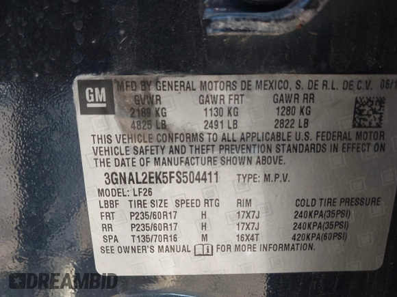 2015 Chevrolet Captiva Sport LS with VIN 3GNAL2EK5FS504411, listed as a IAAI auction lot 41718728 with 72,474 mi miles. Bid and sale history available at carsss.com. Image 9.