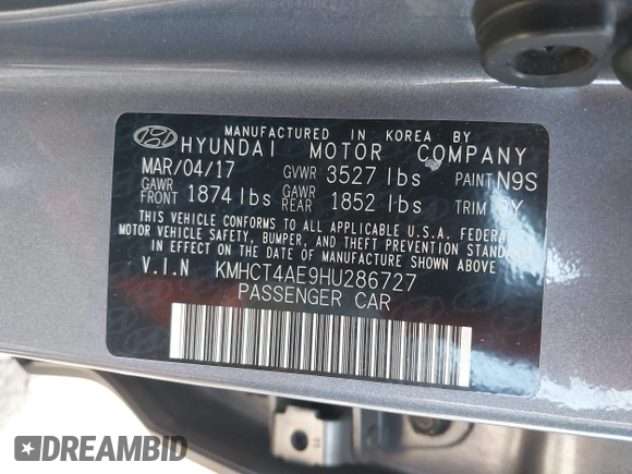 2017 Hyundai Accent SE z VIN KMHCT4AE9HU286727, wystawiony jako IAAI lot #42240306 z przebiegiem 35 810 mil mil oraz . Historia ofert i sprzedaży dostępna na DreamBid. Obrazek 9.