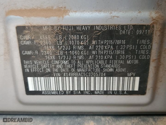 2012 Subaru Outback 2.5i with VIN 4S4BRBAC5C3205704, listed as a Copart auction lot 47479945 with 259,648 mi miles and Salvage Title. Bid and sale history available at carsss.com. Image 12.