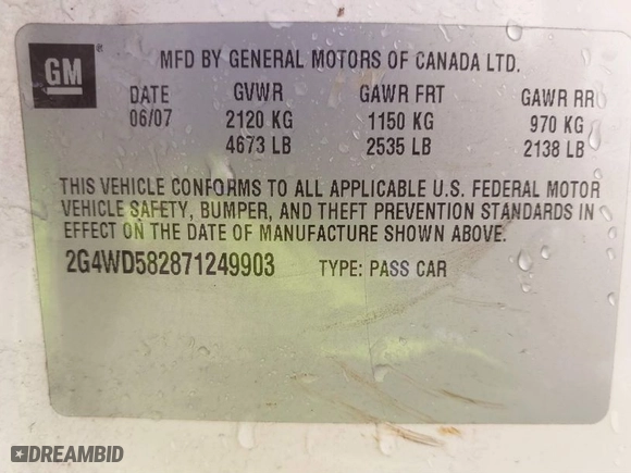 2007 Buick LaCrosse CXL with VIN 2G4WD582871249903, listed as a IAAI auction lot 41800458 with NaN miles. Bid and sale history available at carsss.com. Image 9.