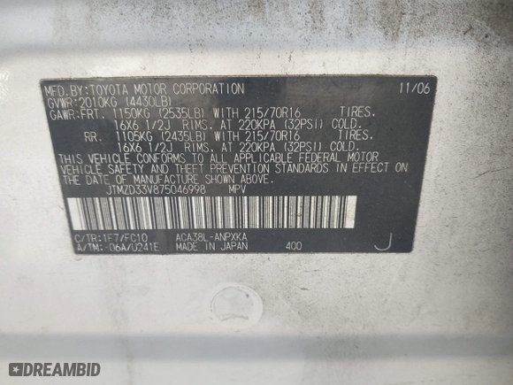2007 Toyota RAV4 with VIN JTMZD33V875046998, listed as a IAAI auction lot 41910374 with 1 mi miles. Bid and sale history available at carsss.com. Image 9.