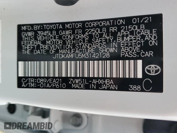 2021 Toyota Prius L Eco с VIN JTDKAMFU5M3142128, выставлен на аукционе Copart как лот 73832324 с пробегом 21 460 миль миль и Списание • Salvage title. История ставок и продаж доступна на DreamBid. Изображение 13.