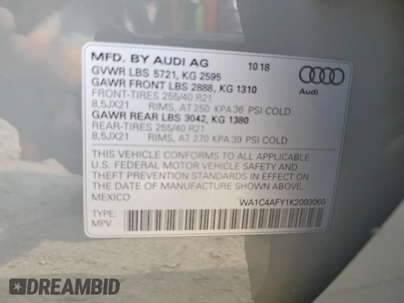 2019 Audi SQ5 Prestige with VIN WA1C4AFY1K2003060, listed as a Copart auction lot 62380313 with 5,163 mi miles. Bid and sale history available at carsss.com. Image 14.