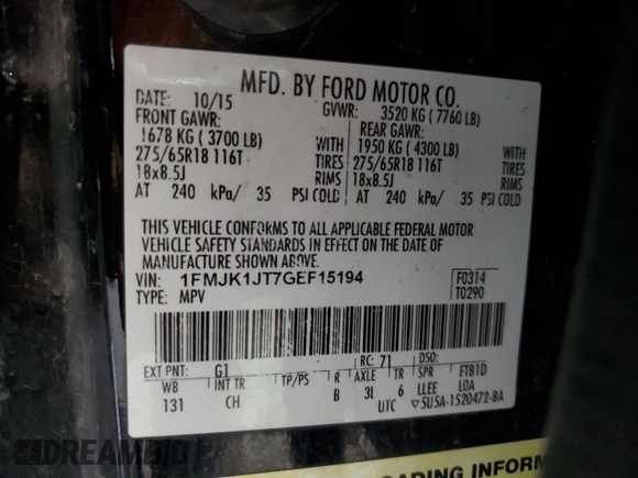 2016 Ford Expedition Max XLT z VIN 1FMJK1JT7GEF15194, wystawiony jako Copart lot #89179655 z przebiegiem 179 406 mil mil oraz Szkoda całkowita • Salvage title. Historia ofert i sprzedaży dostępna na DreamBid. Obrazek 16.