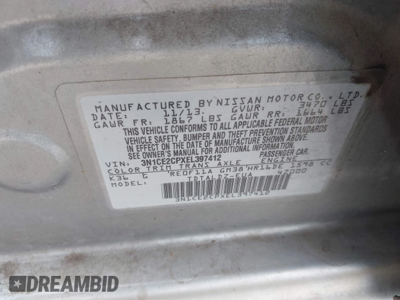 2014 Nissan Note S Plus with VIN 3N1CE2CPXEL397412, listed as a IAAI auction lot 42655342 with 101,308 mi miles and . Bid and sale history available at DreamBid. Image 9.