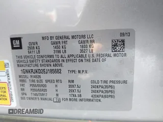 2014 Chevrolet Traverse LTZ with VIN 1GNKRJKD2EJ185682, listed as a IAAI auction lot 41728837 with 79,516 mi miles and . Bid and sale history available at DreamBid. Image 9.