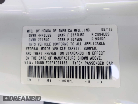 2015 Acura TLX with VIN 19UUB1F39FA024188, listed as a IAAI auction lot 41625709 with 1 mi miles. Bid and sale history available at carsss.com. Image 9.