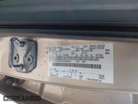 2017 Ford Escape SE with VIN 1FMCU0GDXHUD65232, listed as a IAAI auction lot 41721026 with 79,582 mi miles. Bid and sale history available at carsss.com. Image 9.