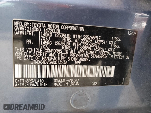 2010 Toyota RAV4 Ltd with VIN JTMDK4DV3AD013246, listed as a Copart auction lot 51169975 with 117,477 mi miles and Salvage Title. Bid and sale history available at carsss.com. Image 13.