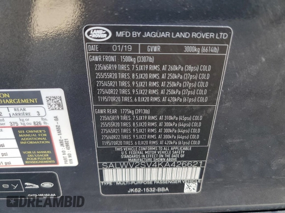2019 Land Rover Range Rover Sport HSE Dynamic with VIN SALWV2SV4KA426621, listed as a Copart auction lot 48239235 with 76,158 mi miles and Salvage Title. Bid and sale history available at carsss.com. Image 13.