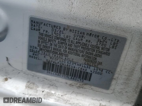 2021 Nissan Versa SV с VIN 3N1CN8EV0ML880193, выставлен на аукционе Copart как лот 62235295 с пробегом 62 275 миль миль и Списание • Salvage title. История ставок и продаж доступна на DreamBid. Изображение 12.