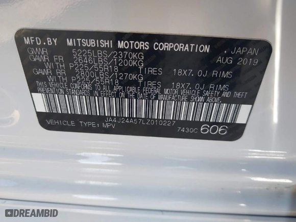 2020 Mitsubishi Outlander PHEV SEL with VIN JA4J24A57LZ010227, listed as a IAAI auction lot 41652308 with 47,929 mi miles. Bid and sale history available at carsss.com. Image 9.