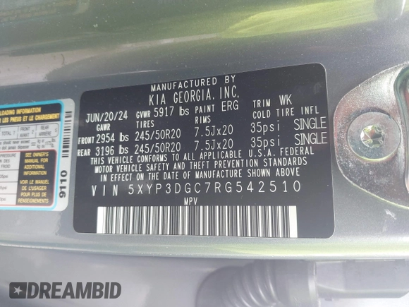 2024 Kia Telluride EX X-Line с VIN 5XYP3DGC7RG542510, выставлен на аукционе IAAI как лот 42221416 с пробегом 5 120 миль миль и . История ставок и продаж доступна на DreamBid. Изображение 9.
