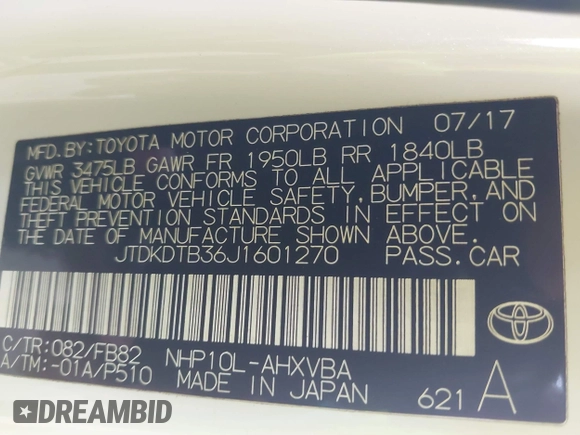 2018 Toyota Prius One with VIN JTDKDTB36J1601270, listed as a IAAI auction lot 42713178 with Not provided miles and . Bid and sale history available at DreamBid. Image 9.