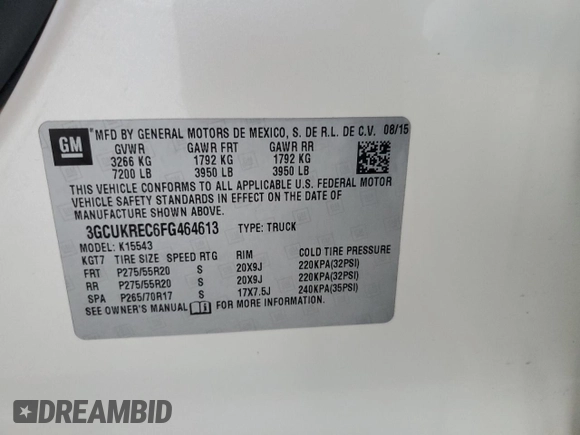 2015 Chevrolet Silverado 1500 LT with VIN 3GCUKREC6FG464613, listed as a Copart auction lot 51180085 with 93,304 mi miles and Salvage Title. Bid and sale history available at DreamBid. Image 12.